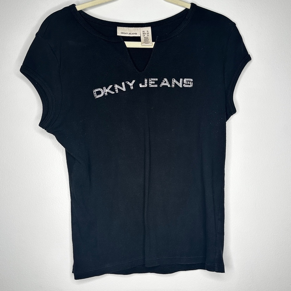 DKNY Jeans Black Embellished Logo Tee - Size XL -‎ Cotton Blend Vintage 90s/00s